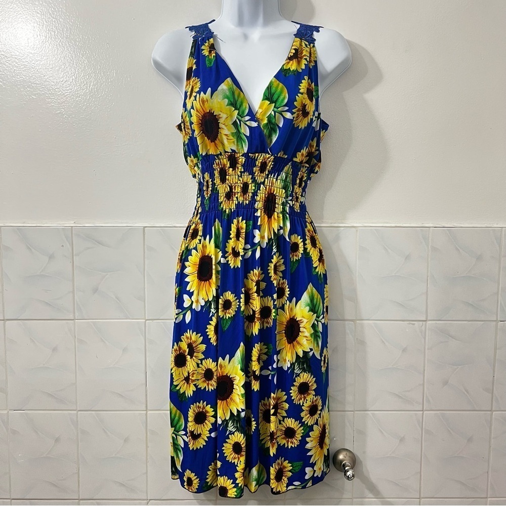 Womens Sleeveless Dress Size S Blue Sunflower Fairy Cottagecore Feminine Boho